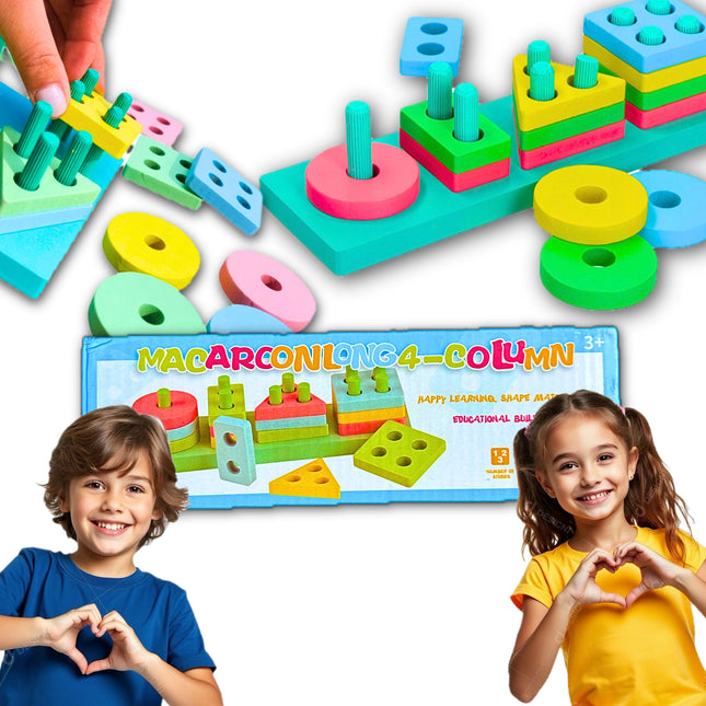 ⭐️ Drewniane Klocki Edukacyjne 4-Kolumnowe – Nauka Kształtów i Kolorów przez Zabawę ⭐️