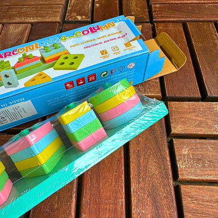 ⭐️ Drewniane Klocki Edukacyjne 4-Kolumnowe – Nauka Kształtów i Kolorów przez Zabawę ⭐️