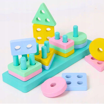 ⭐️ Drewniane Klocki Edukacyjne 4-Kolumnowe – Nauka Kształtów i Kolorów przez Zabawę ⭐️