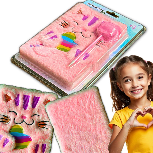 Uroczy Dziennik dla Dziewczynki z Pluszowym Kotkiem + Długopis z Pompomem